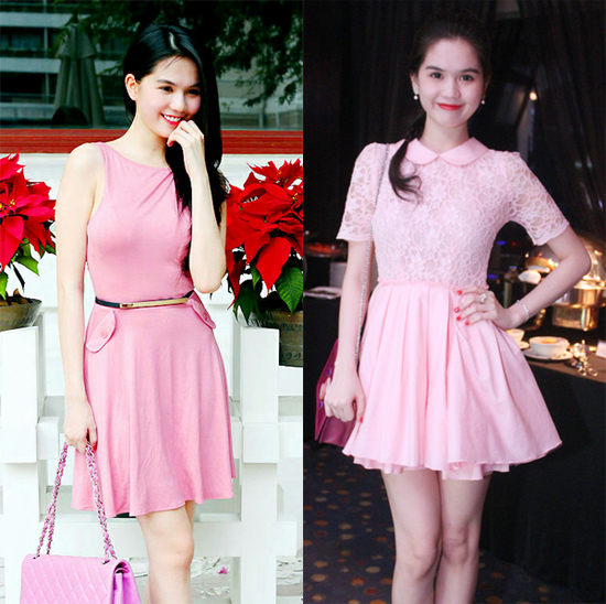 Hoa hậu Hoàn cầu Ngọc Trinh đáng yêu trong những bộ váy màu hồng.