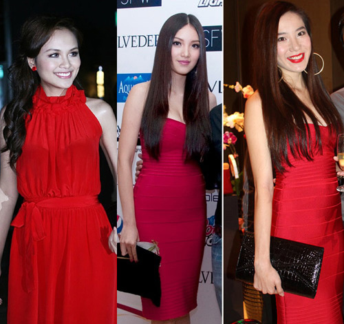 Từ trái sang phải: Người đẹp Diễm Hương, Huỳnh Bích Phương và Chung Thục Quyên 'nóng bỏng' trong bộ váy đỏ.